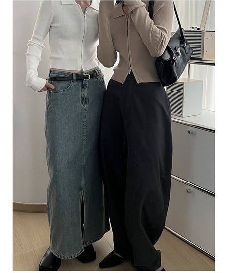 front slit denim long skirt