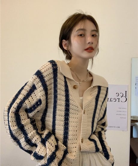 [OUTLET]stripe open collar cardigan
