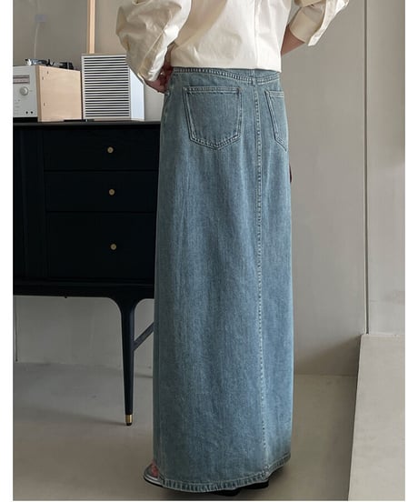 front slit denim long skirt