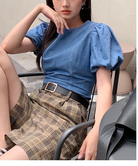 denim balloon sleeve tops