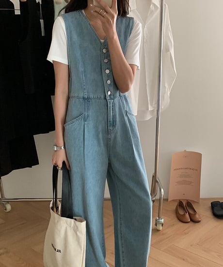 sleeveless denim jump suit/2color