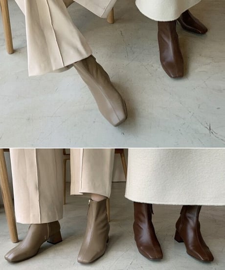 【real leather】square too short boots/smooth leather