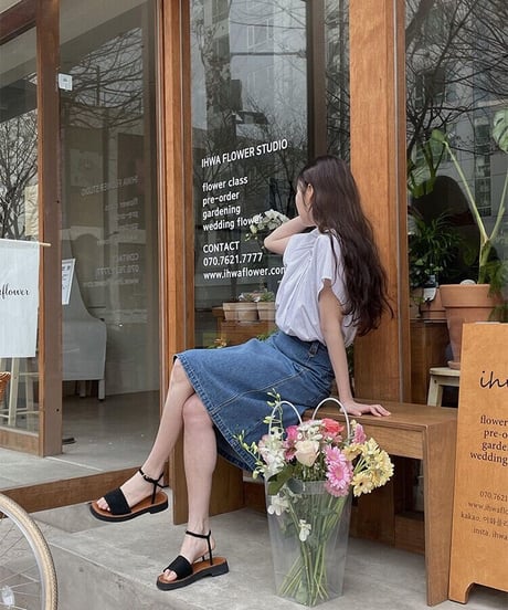 A line middle denim skirt/2color