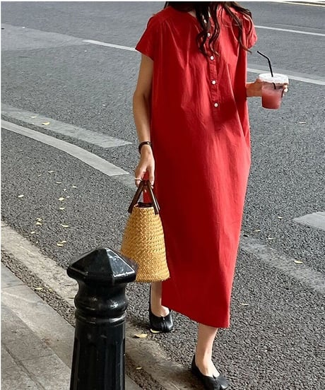 band collar french sleeve one-piece/3color