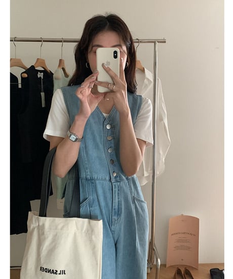 sleeveless denim jump suit/2color