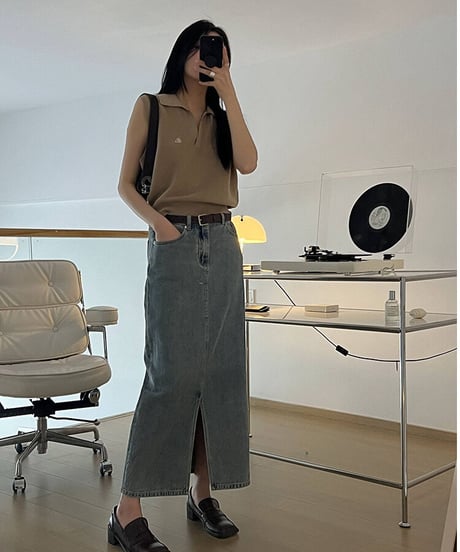 front slit denim long skirt