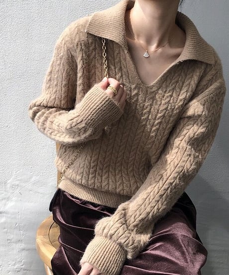 [OUTLET]cable open collar knit/3color