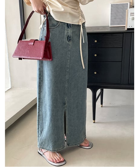 front slit denim long skirt