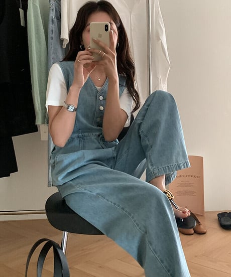 sleeveless denim jump suit/2color