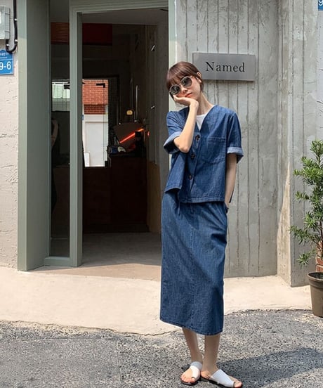 no collar denim jacket(half sleeve)/2color