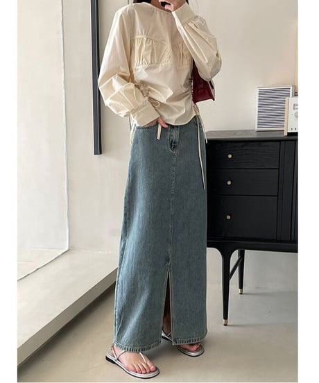 front slit denim long skirt