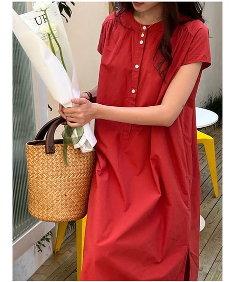 band collar french sleeve one-piece/3color