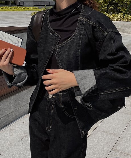 [OUTLET]no collar denim jacket/2color