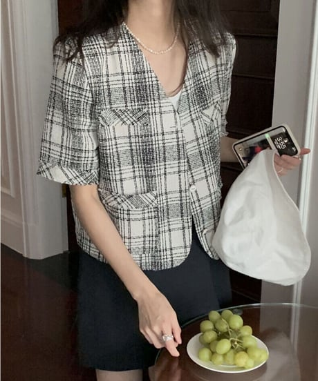 tweed check jacket/2color
