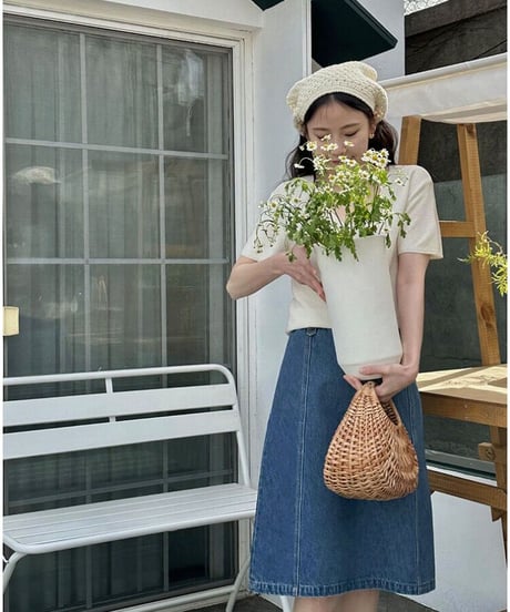 A line middle denim skirt/2color
