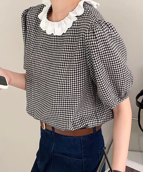 gingham check lace blouse(ネコポス)