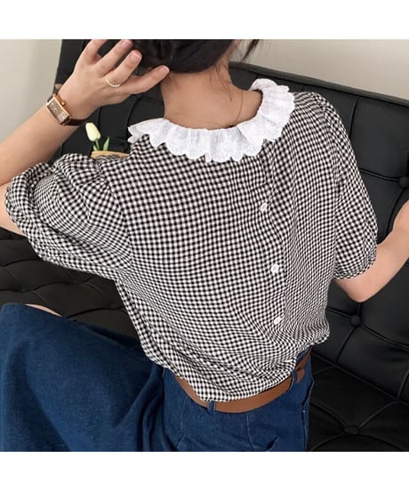 gingham check lace blouse(ネコポス)