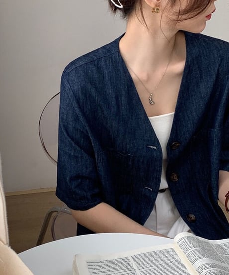 no collar denim jacket(half sleeve)/2color