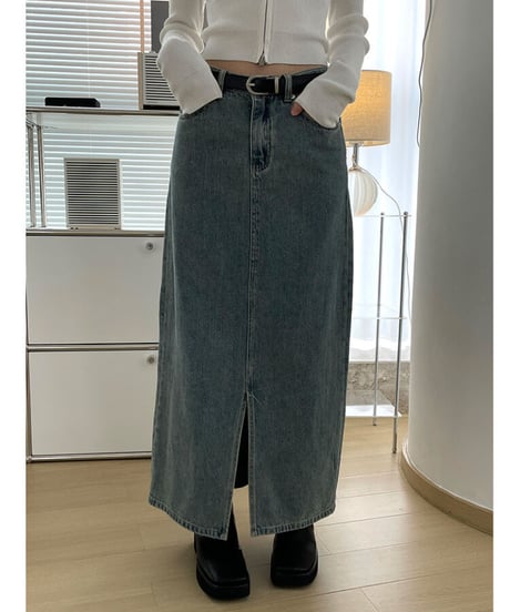 front slit denim long skirt