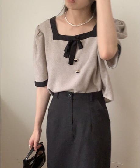 ribbon square neck blouse/2color