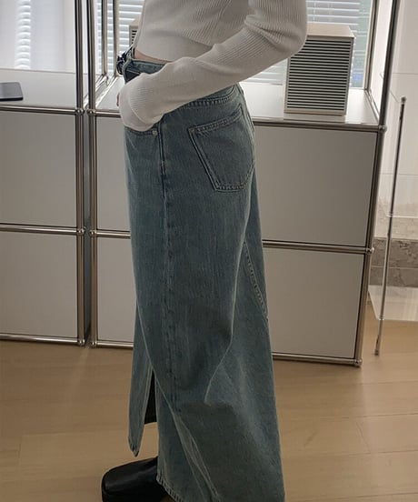 front slit denim long skirt