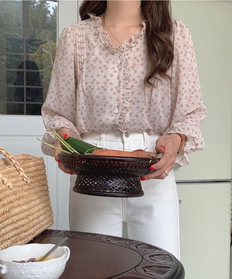 flower V neck chiffon blouse/3color