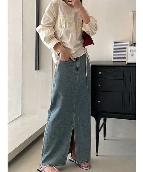 front slit denim long skirt