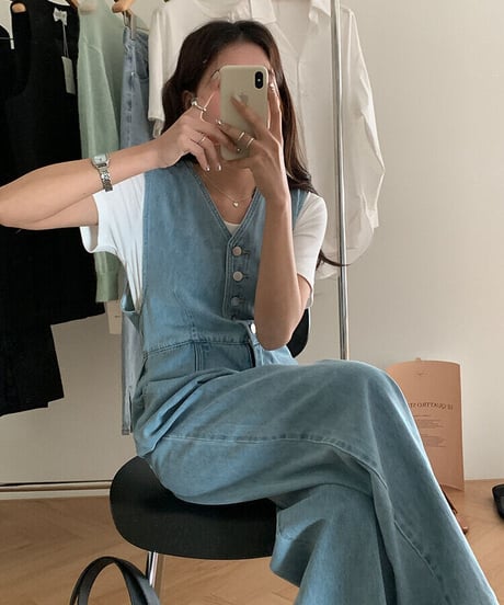 sleeveless denim jump suit/2color