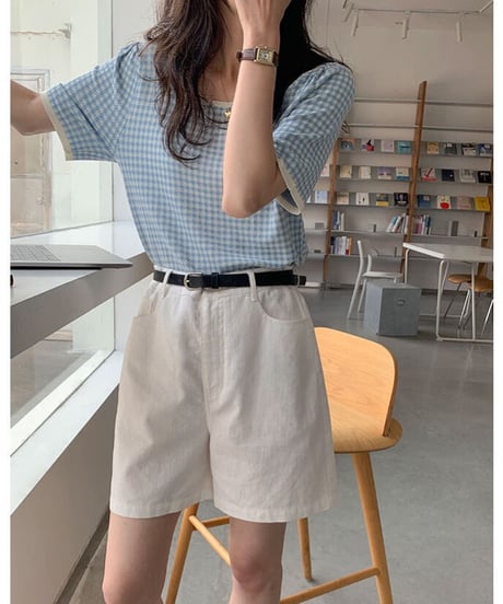 square neck check tops/2color