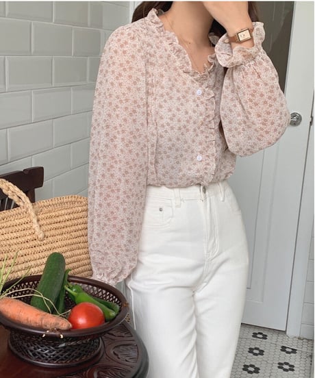 flower V neck chiffon blouse/3color