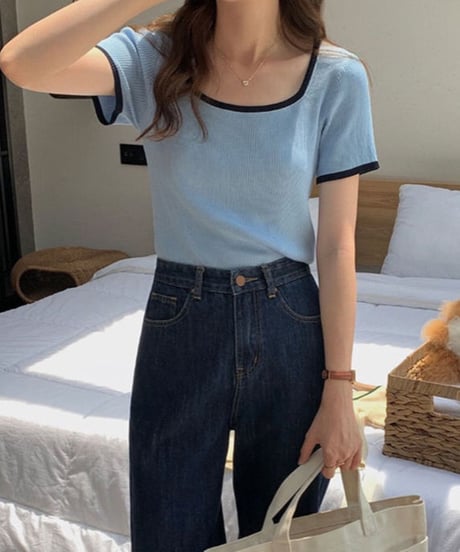 piping square neck tee/4color(ネコポス)