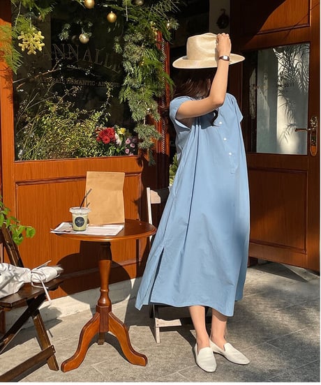 band collar french sleeve one-piece/3color