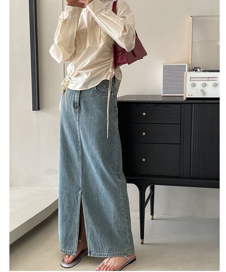 front slit denim long skirt