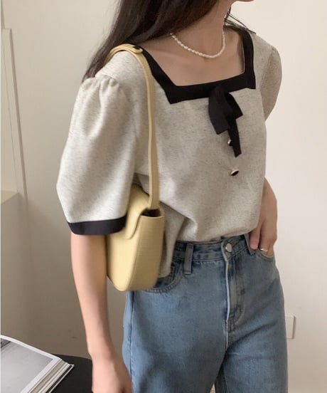 ribbon square neck blouse/2color