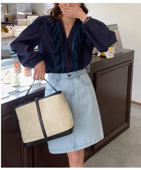 simple middle denim skirt/2color