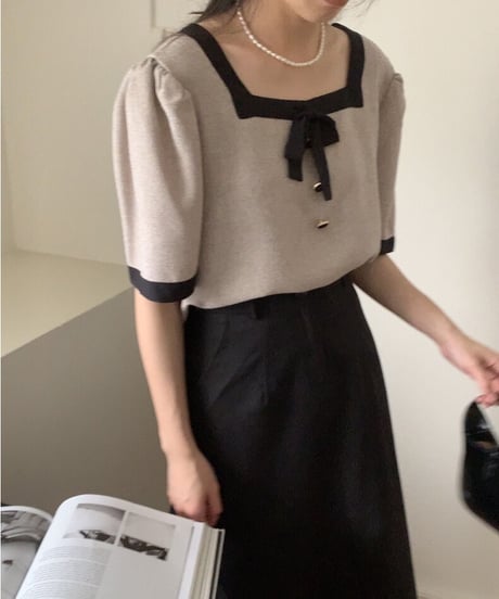 ribbon square neck blouse/2color