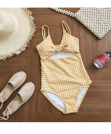 gingham check ribbon swim wear/2color