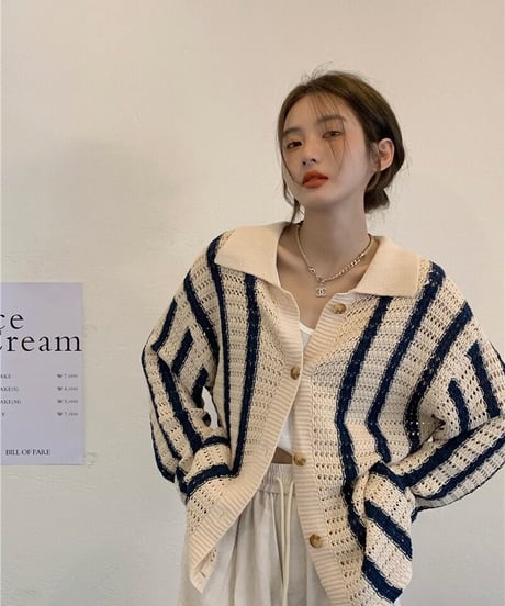[OUTLET]stripe open collar cardigan