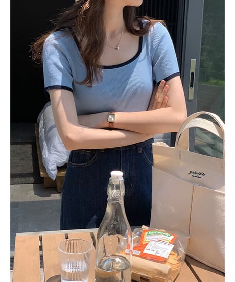 piping square neck tee/4color(ネコポス)