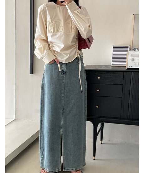 front slit denim long skirt