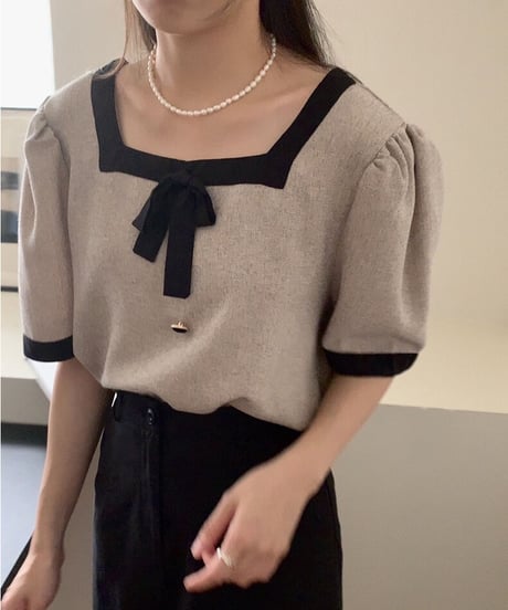 ribbon square neck blouse/2color