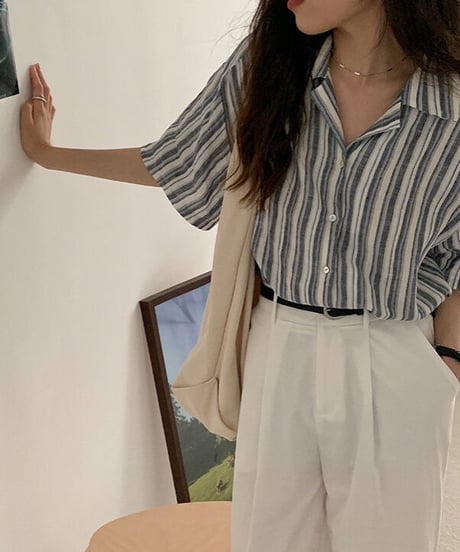 linen 100% stripe shirt/2color