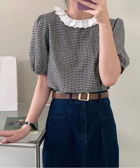 gingham check lace blouse(ネコポス)