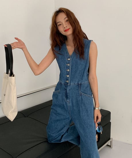 sleeveless denim jump suit/2color