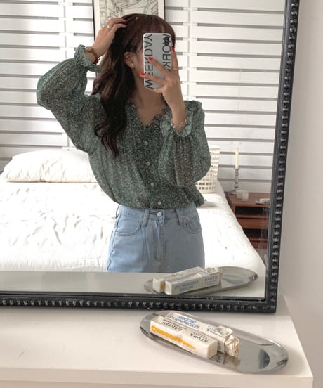 flower V neck chiffon blouse/3color