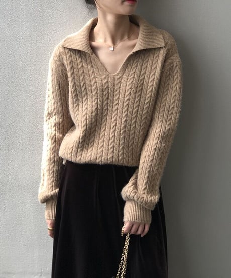 [OUTLET]cable open collar knit/3color