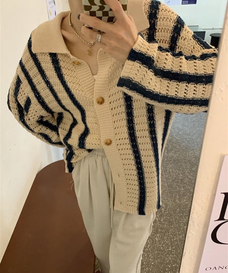 [OUTLET]stripe open collar cardigan