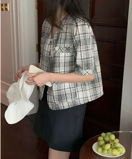 tweed check jacket/2color