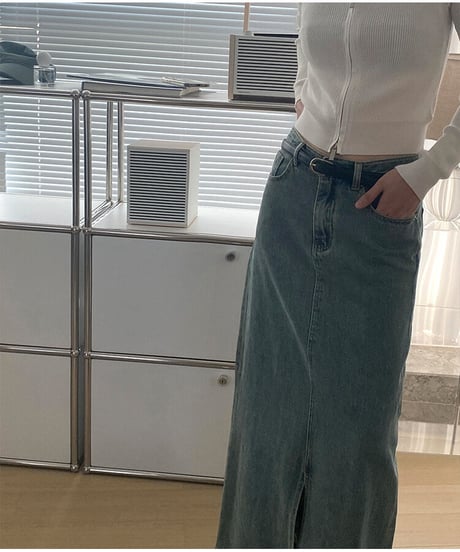 front slit denim long skirt
