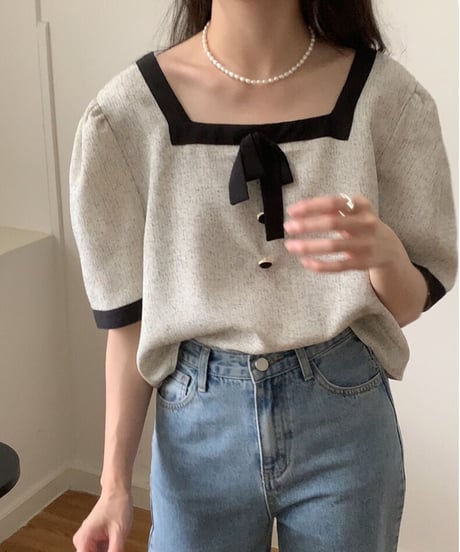 ribbon square neck blouse/2color